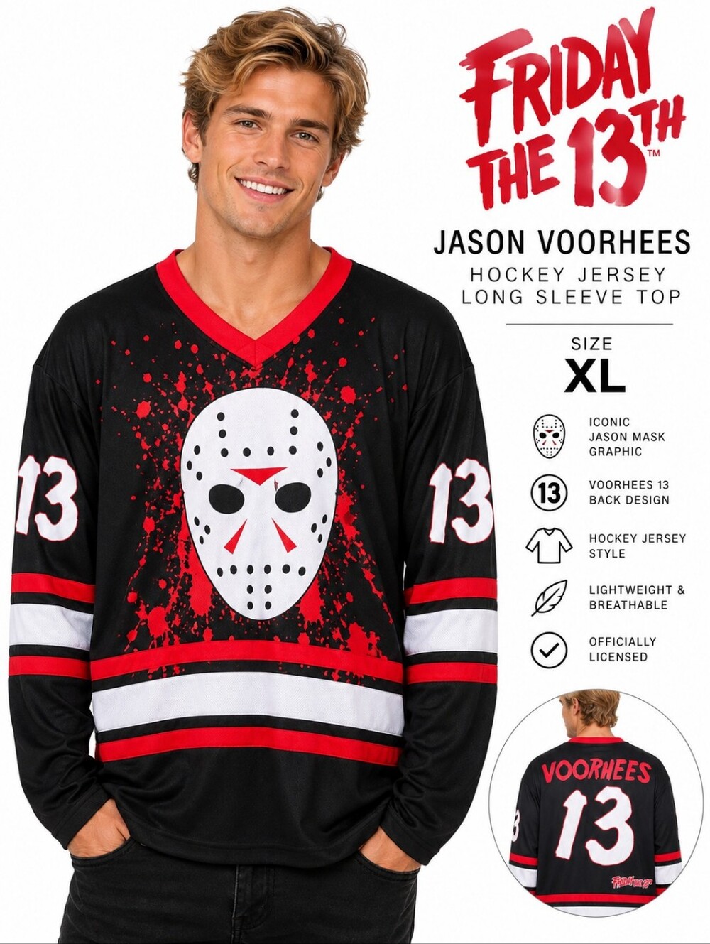 Officially Licensed Friday the 13th Jason Voorhees Hockey Jersey Long Sleeve Top